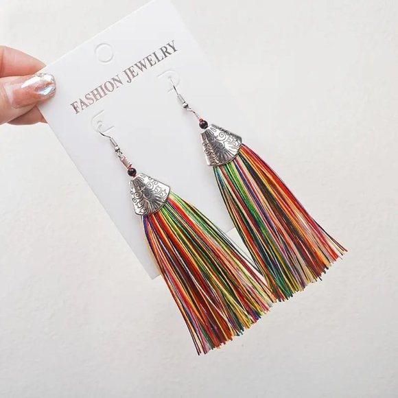 NWT BOHO Tassel Rainbow Long Earrings - Picture 2 of 2
